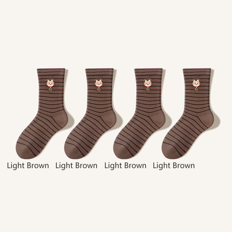 Women's Striped Cotton Crew Socks with Cute Pet Embroidery - 4 Pack