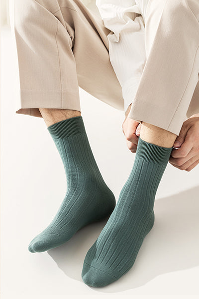 Men's Crew Socks Long Staple Cotton 5 Pairs Ribbed Solid Color