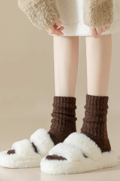 Women's Crew Socks 60%Wool 2 Pairs Terry Thickened Solid Color