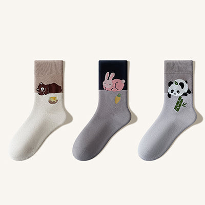 Women's Crew Socks Long Staple Cotton Thick Terry Lined 3 Pairs Cartoon Patterned Knit