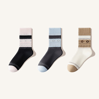 Women's Crew Socks Long Staple Cotton Winter Extra Thick Terry Lined 3 Pairs Thermal Patterned Knit