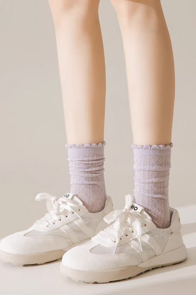 Women's Crew Socks Long Staple Cotton 5 Pairs Ruffled Mesh
