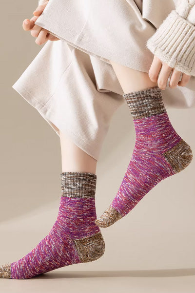 Women's Crew Socks Long Staple Cotton Terry Thickened 4 Pairs Retro Marled