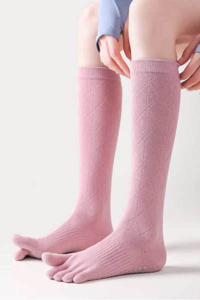 Women's Calf-Length Knee High Sports Yoga Toe Socks Long Staple Cotton 1 Pair Silicone Gripper Sole