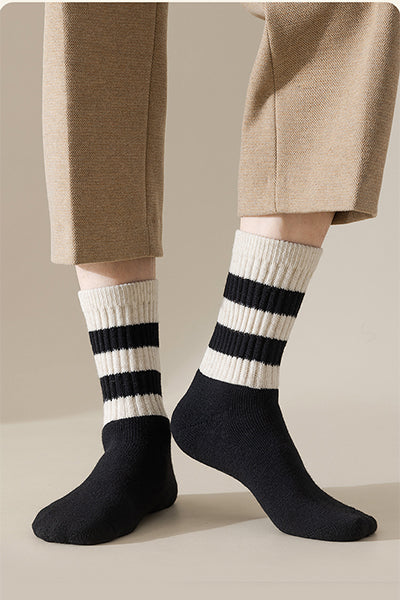 Men's Extra Thick Wool Crew Socks - Terry Lined Striped Thermal Winter Socks 2 Pack