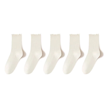Women's Crew Socks Long Staple Cotton 5 Pairs Ruffled Solid Color