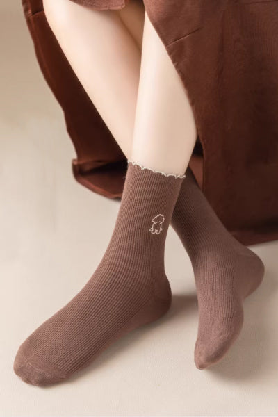 Women's Crew Socks Long Staple Cotton 5 Pairs Ruffled Embroidery