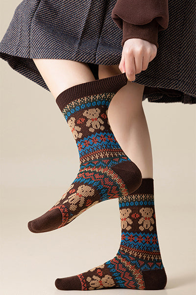 Women's Cotton Crew Socks - Patterned Literary Style Winter Socks 3 Pack