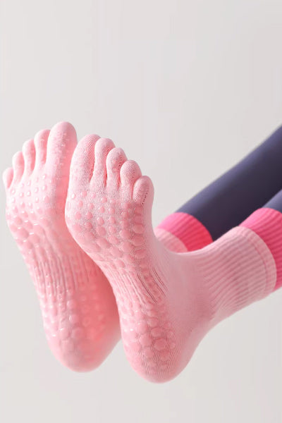 Women's Crew Sports Yoga Socks Long Staple Cotton 1 Pair Color Block Silicone Gripper Sole