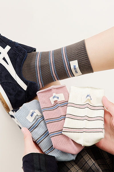 Women's Striped Cotton Crew Socks with Label Detail - 5 Pack