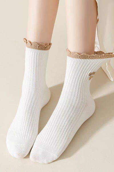 Women's Crew Socks Long Staple Cotton 4 Pairs Ruffled Embroidery