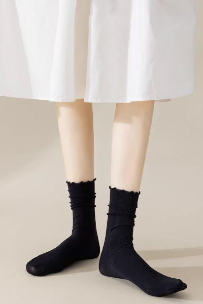 Women's Crew Socks Long Staple Cotton 5 Pairs Lace Solid Color