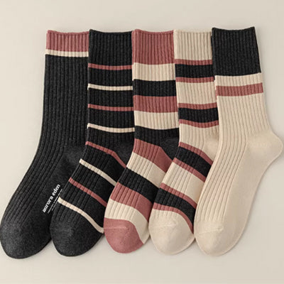 Women's Crew Socks - Premium Long Staple Cotton 5 Pairs Pack | Striped Design