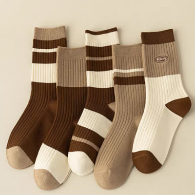 Women's Crew Socks - Premium Long Staple Cotton 5 Pairs Pack | Striped Design