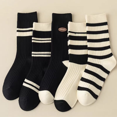 Women's Crew Socks - Premium Long Staple Cotton 5 Pairs Pack | Striped Design