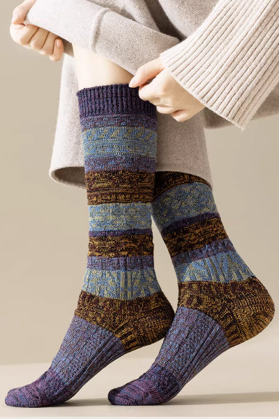 Women's Calf Socks Long Staple Cotton 2 Pairs Chunky Knit Retro