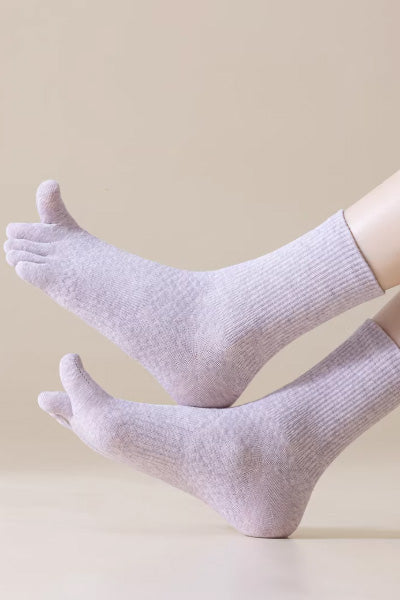 Women's Crew Socks Long Staple Cotton 5 Pairs Split Toe Five Finger Solid Color