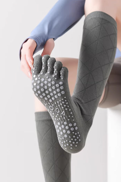 Women's Calf-Length Knee High Sports Yoga Toe Socks Long Staple Cotton 1 Pair Silicone Gripper Sole