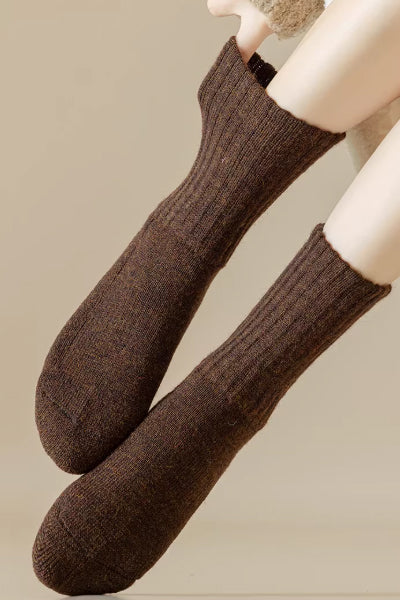 Women's Crew Socks 60%Wool 2 Pairs Terry Thickened Solid Color