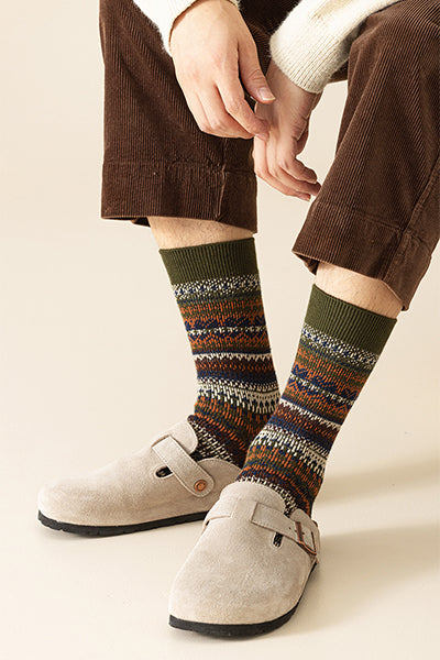 Men's Cotton Crew Socks - Marled Ethnic Style Winter Socks 3 Pack