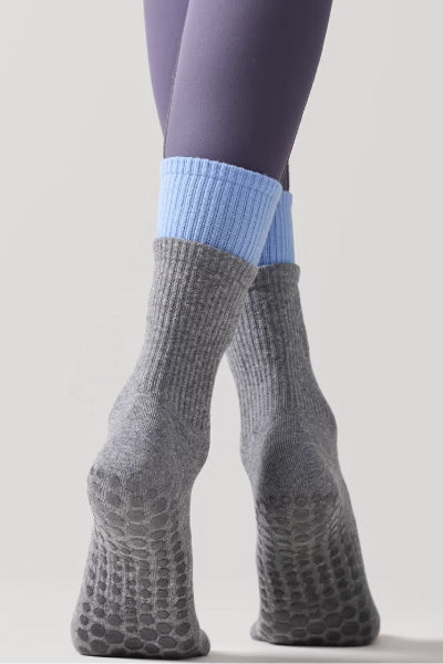 Women's Crew Sports Yoga Socks Long Staple Cotton 1 Pair Color Block Silicone Gripper Sole