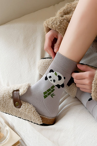 Women's Crew Socks Long Staple Cotton Thick Terry Lined 3 Pairs Cartoon Patterned Knit