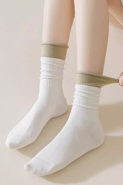 Women's Crew Socks Long Staple Cotton 4 Pairs Double-Layer Cuff