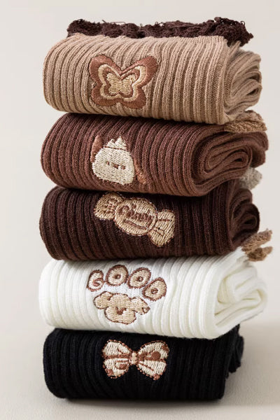 Women's Crew Socks Long Staple Cotton 4 Pairs Ruffled Embroidery