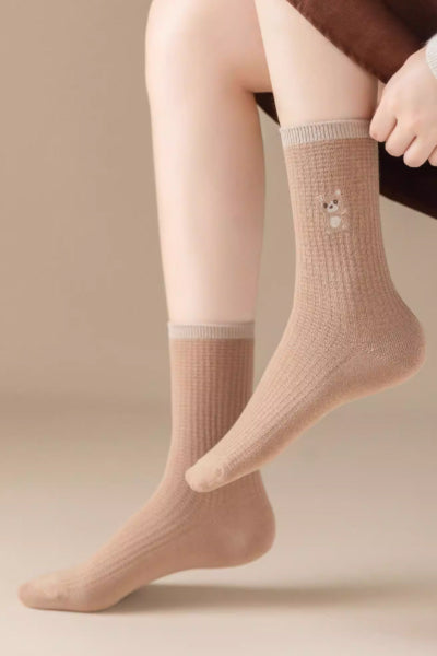 Women's Crew Socks Long Staple Cotton 5 Pairs Cartoon Embroidery
