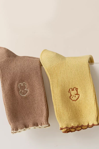 Women's Crew Socks Long Staple Cotton 5 Pairs Ruffled Embroidery