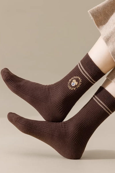 Women's Crew Socks Long Staple Cotton 5 Pairs Embroidered