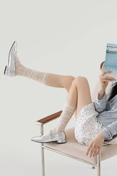 Women's Calf Socks Long Staple Cotton 3 Pairs Lace Ruffle Solid Color