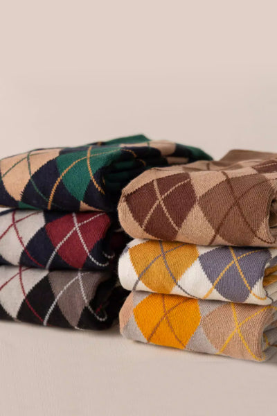 Women's Calf Socks Long Staple Cotton 3 Pairs Argyle Pattern