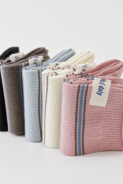 Women's Striped Cotton Crew Socks with Label Detail - 5 Pack