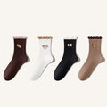Women's Crew Socks Long Staple Cotton 4 Pairs Ruffled Embroidery