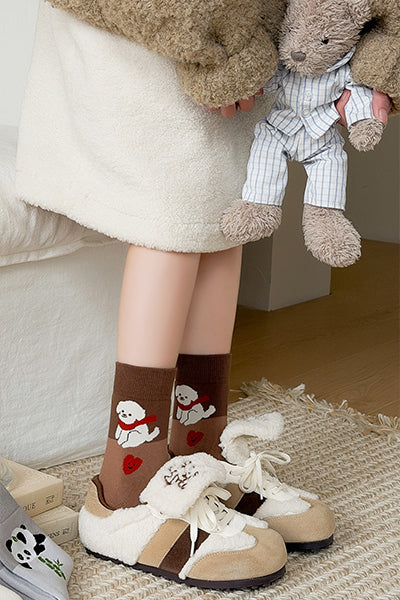 Women's Crew Socks Long Staple Cotton Thick Terry Lined 3 Pairs Cartoon Patterned Knit