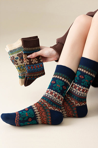 Women's Cotton Crew Socks - Patterned Literary Style Winter Socks 3 Pack