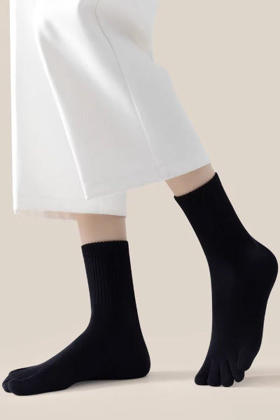 Women's Crew Socks Long Staple Cotton 4 Pairs Five-Toe Socks Solid Color