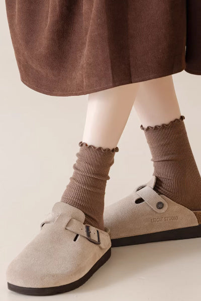 Women's Crew Socks Long Staple Cotton 5 Pairs Ruffled Solid Color