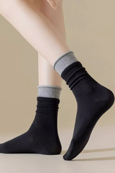 Women's Crew Socks Long Staple Cotton 4 Pairs Double-Layer Cuff