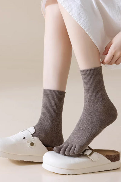 Women's Crew Socks Long Staple Cotton 5 Pairs Split Toe Five Finger Solid Color
