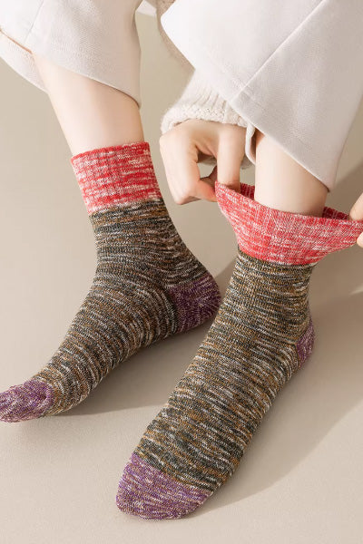 Women's Crew Socks Long Staple Cotton Terry Thickened 4 Pairs Retro Marled