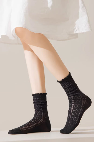 Women's Crew Socks Long Staple Cotton 5 Pairs Ruffled Mesh