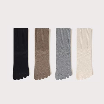 Women's Crew Socks Long Staple Cotton 5 Pairs Split Toe Five Finger Solid Color