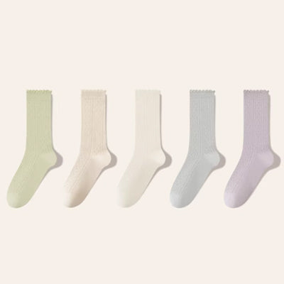 Women's Crew Socks Long Staple Cotton 5 Pairs Ruffled Mesh