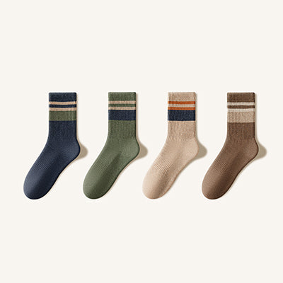 Men's Crew Socks Winter Thickened 4 Pairs Long Staple Cotton Striped Terry Lining