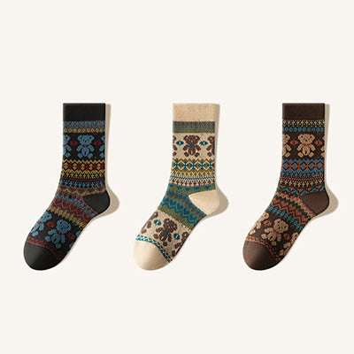 Women's Cotton Crew Socks - Patterned Literary Style Winter Socks 3 Pack