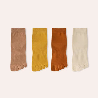 Women's Crew Socks Long Staple Cotton 4 Pairs Solid Color Five Finger Toe Socks