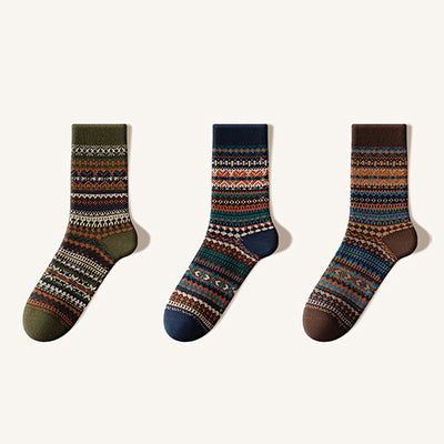 Men's Cotton Crew Socks - Marled Ethnic Style Winter Socks 3 Pack
