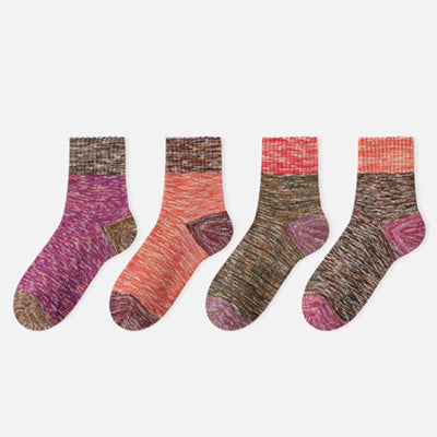 Women's Crew Socks Long Staple Cotton Terry Thickened 4 Pairs Retro Marled